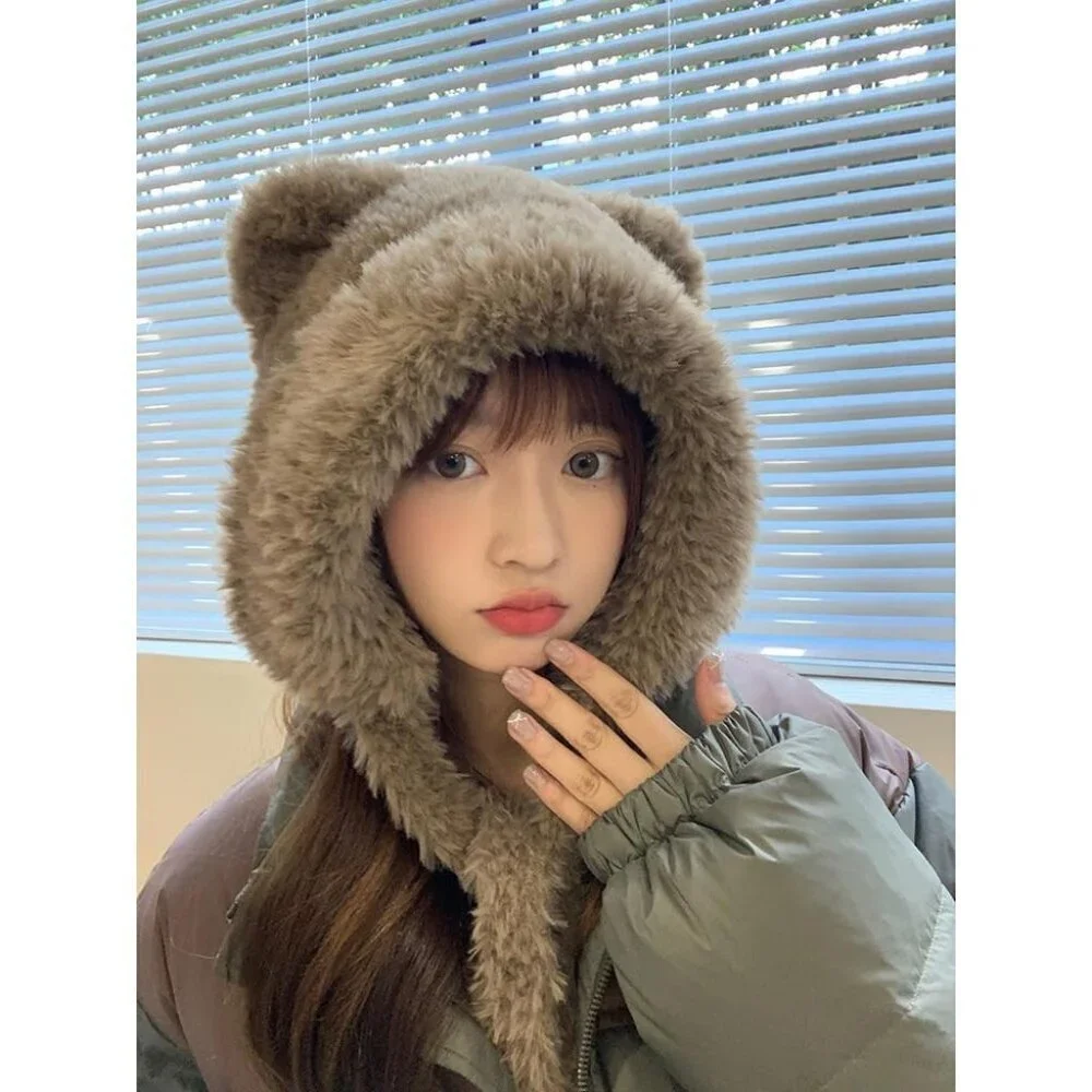 Women Sepia Winter Beanie Hats Knit Ear Flaps Cute Stuffed Bear Ears Fleece